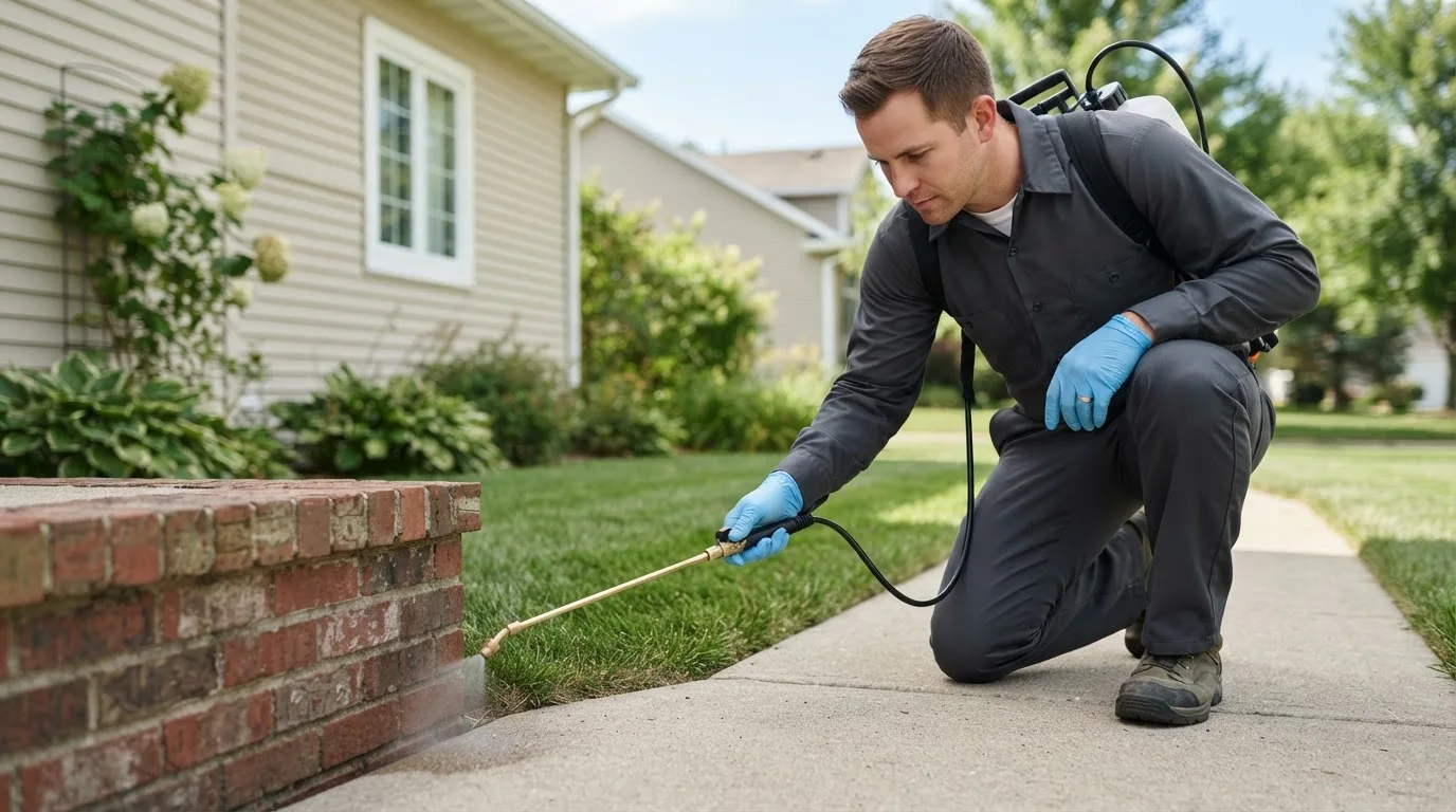 Pest control technician treating a home in Iowa