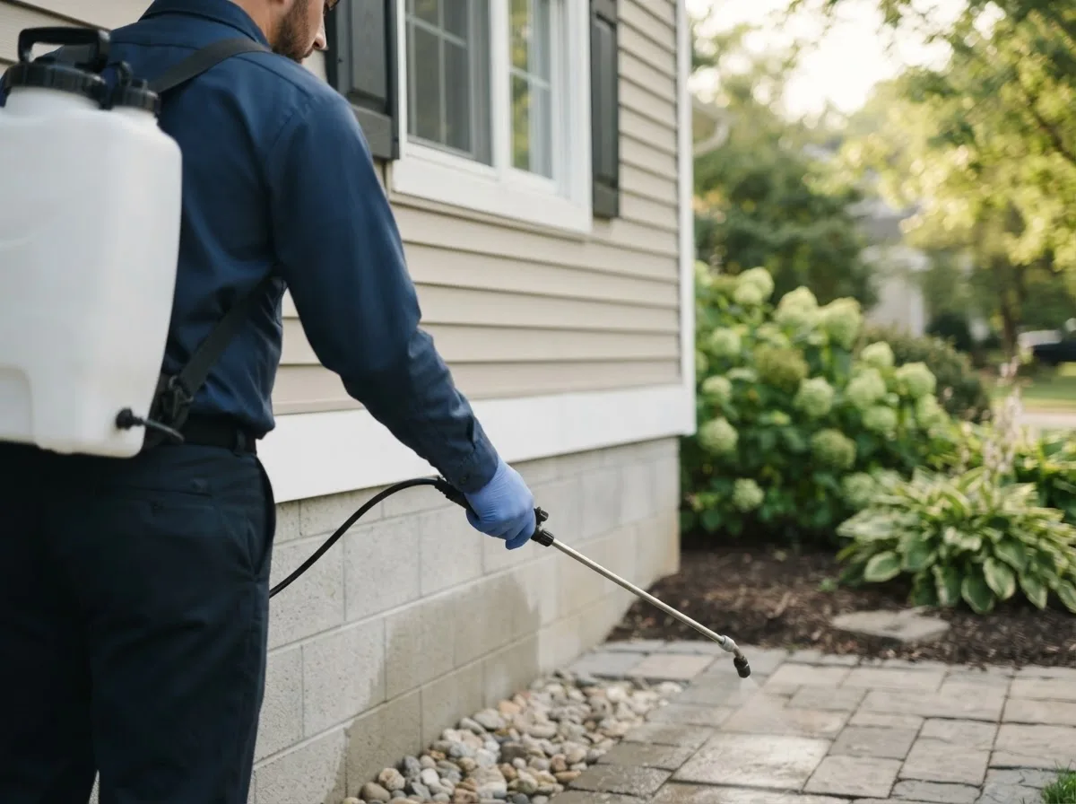 Pest control technician inspecting a home in Iowa
